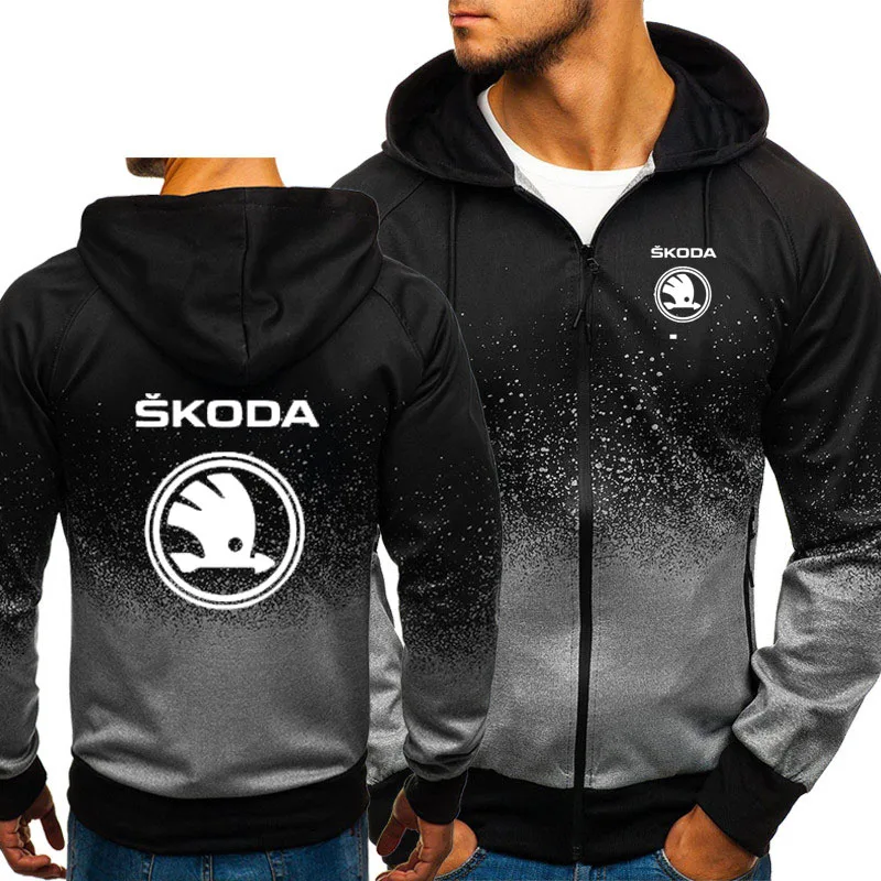 

2021 Men Skoda Car Logo Print Casual HipHop Harajuku Gradient color Hooded Mens Fleece Sweatshirts zipper Jacket Man Clothing Y