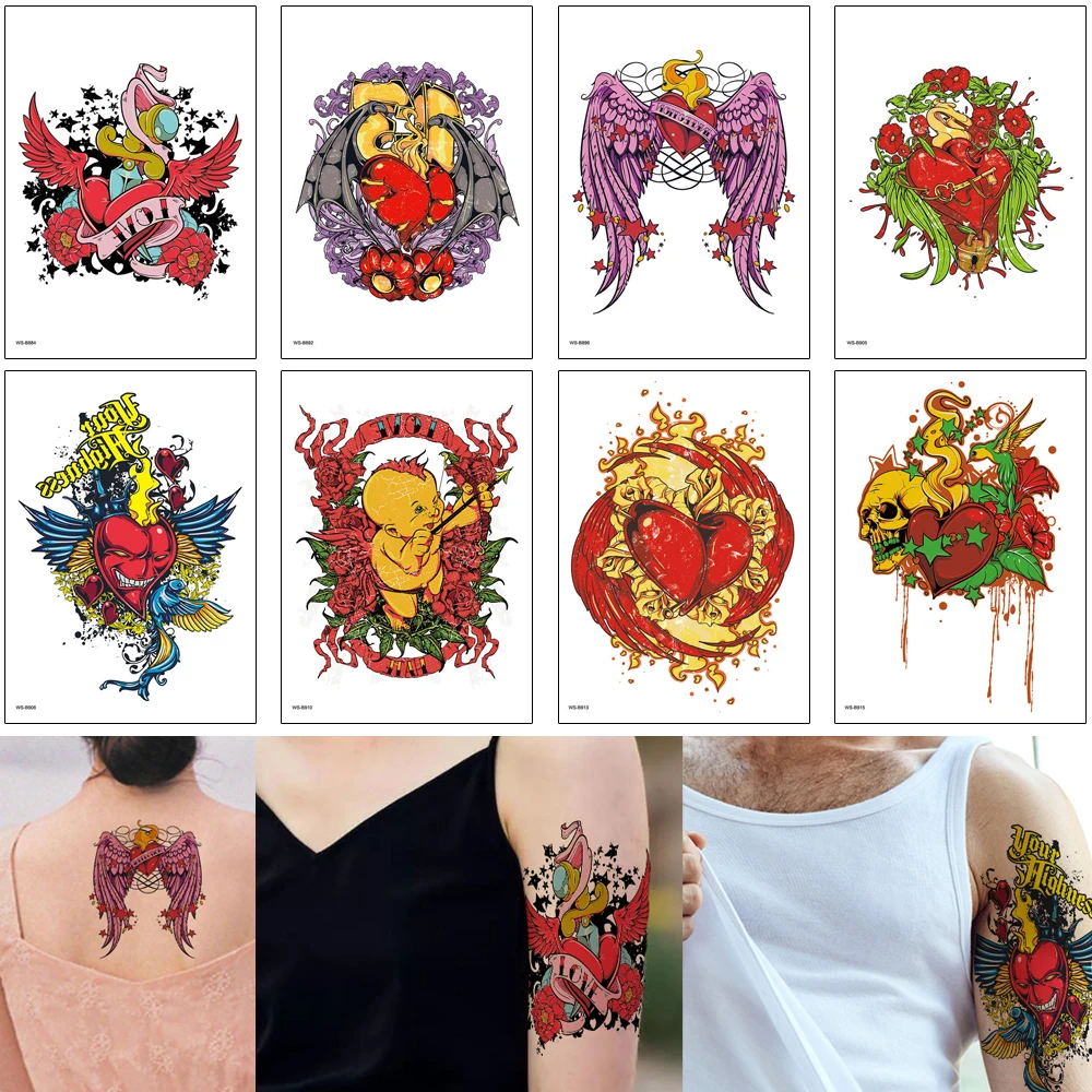 Красная временная татуировка наклейка сексуальное Крыло ангела с сердцем