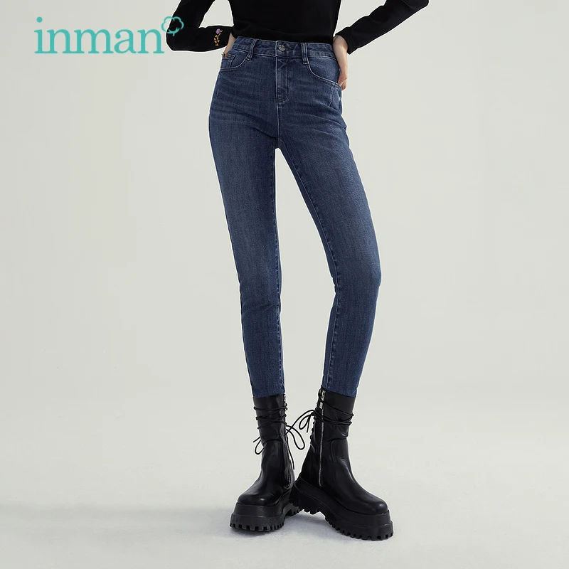 

INMAN осенние женские джинсы ретро минималистичный Стиль Высокая талия дизайн тонкие классические универсальные джинсовые брюки