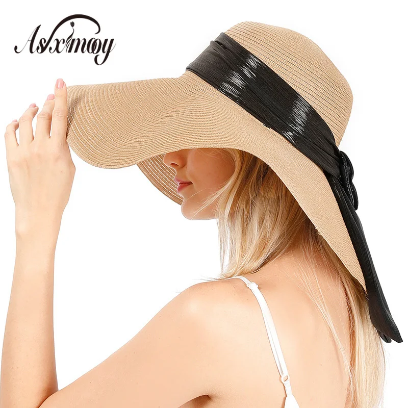 Складная широкополая соломенная шляпа с бантиком от солнца Пляжная женская