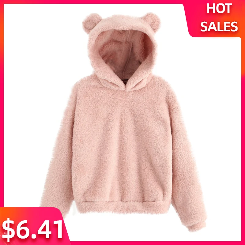 

Women's Autumn Winter Fuzzy Hoodie Long Sleeve Fleece Sweatshirt Warm Bear Shape Pullover Girl Lovely With Bears Ears Hoodie NEW