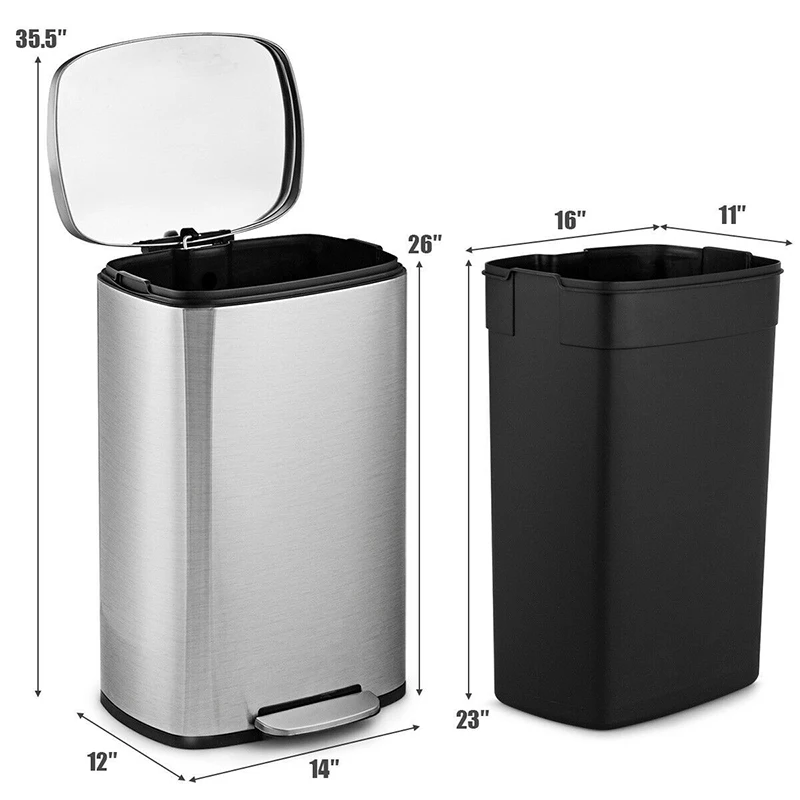 

13.2 Gallon Trash Garbage Can Stainless Steel Bin with Bucket Low-effort Pedals and Silent Cover Design