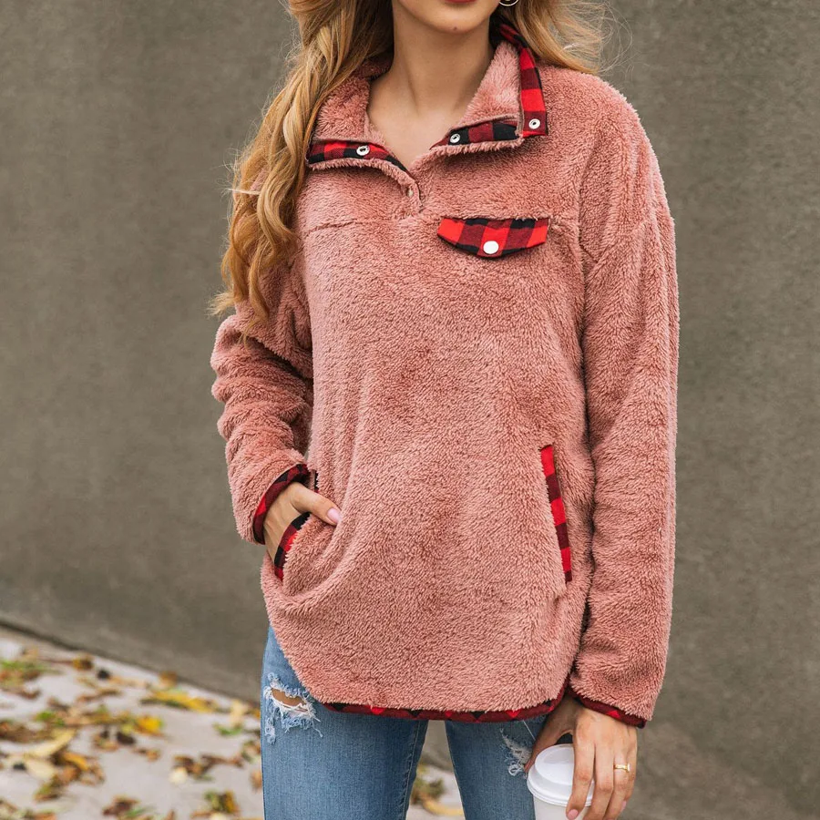 

Plaid Trim Fur Fleece Sweatshirts Women Fall Winter Long Sleeve Pullover Streetwear Sweat Femme Lady Jumpers Sweatshirt Tops