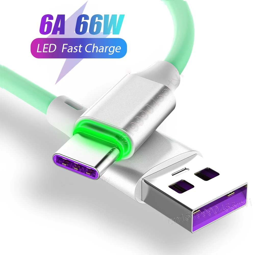 

6A USB Type C Fast Charging Data Cable For Samsung Huawei Xiaomi Charging Cable USB-C LED Light Mobile Phone Charger Cable 1M/2M
