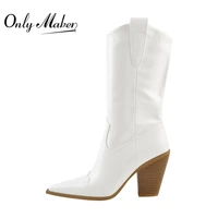 onlymaker women white pointed toe mid calf boot matte thick heels zipper winter fashion cowboy boots large size