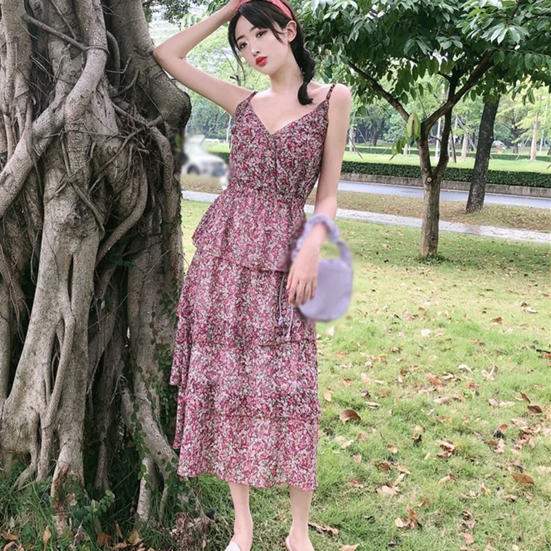 

Multi-layers Pleated Dresses For Women Sweet Sleeveless Floral Prints Dress Summer Slim V-Neck Sling Vestidos