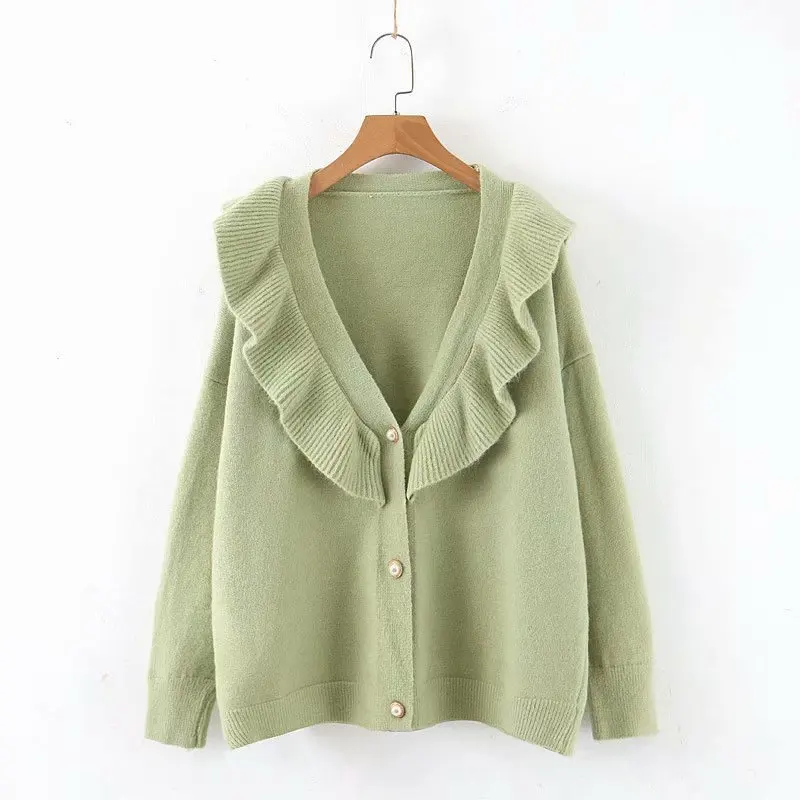 Woah 2019 Wednesday 8-60-9519 European and American fashion lotus leaf cardigan sweater |