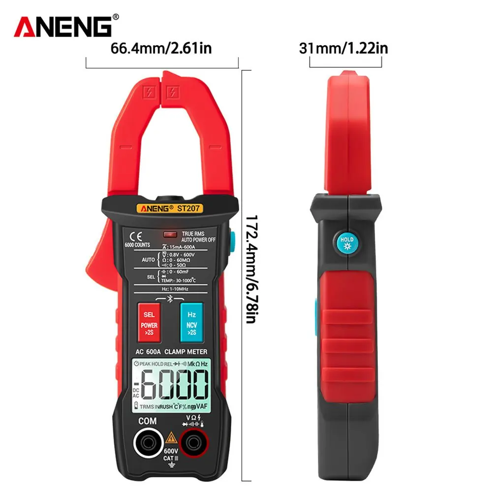 

ANENG ST207 Digital Bluetooth Multimeter Clamp Meter 6000 Count True RMS DC/AC Voltage Tester AC Current Hz Capacitance Ohm