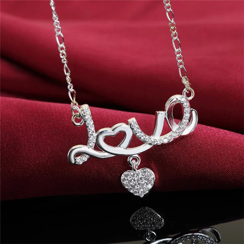 

925 Sterling Silver Love Letter Heart Zircon Pendant Necklace For Women Girlfriend Birthday Jewelry Anniversary Gifts
