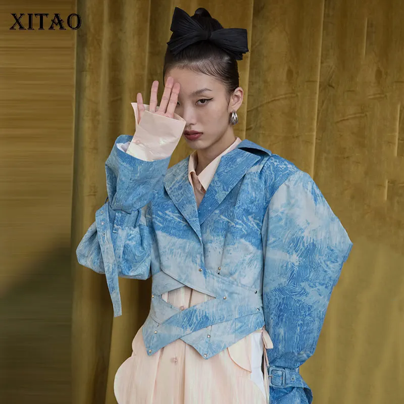 Женская Асимметричная куртка XITAO новая модная винтажная Свободная с принтом и