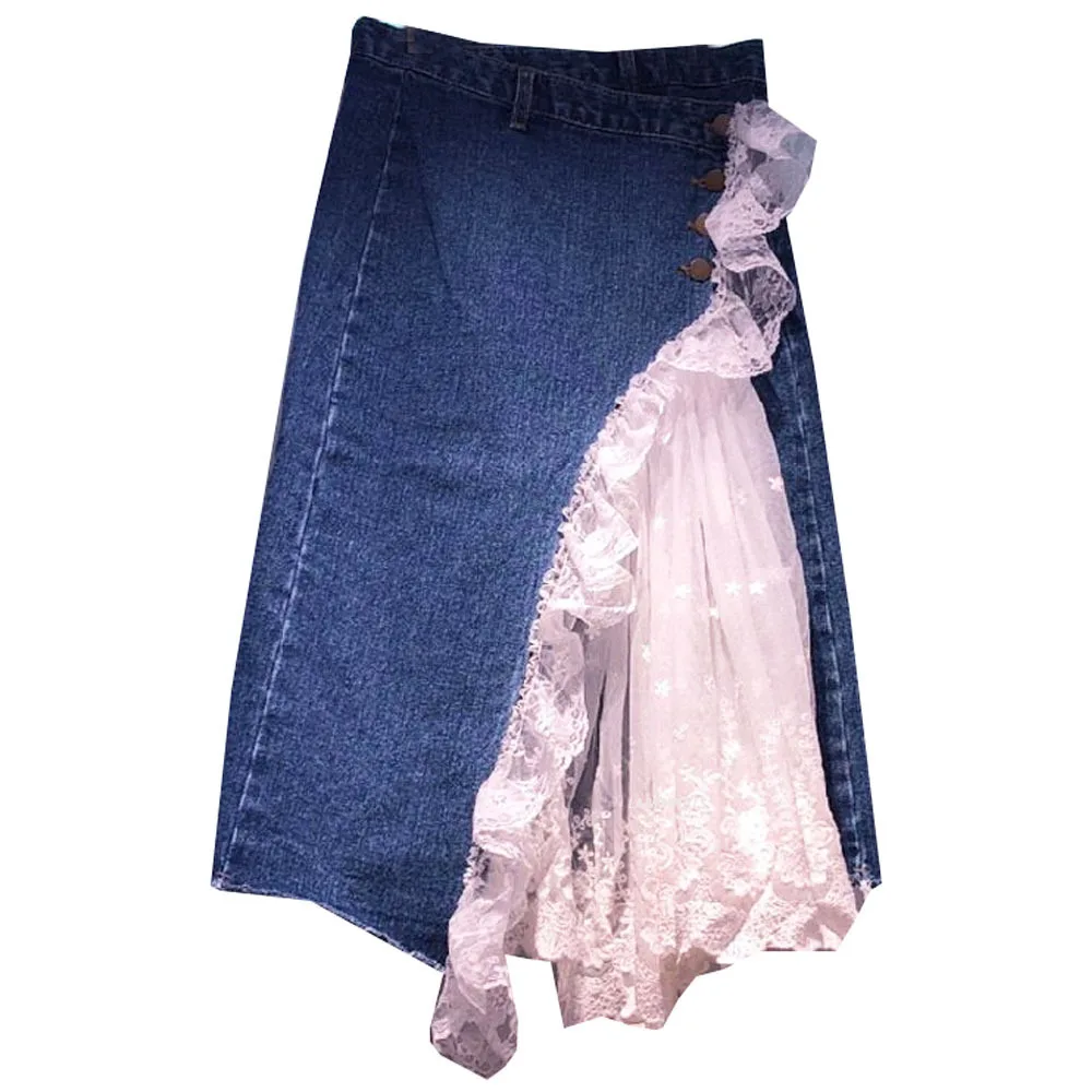 

Summer 2021 Fashion Denim Patchwork Asymmetrical Mesh Lace Singel Breasted High Street Skirt Women Fashion Tide