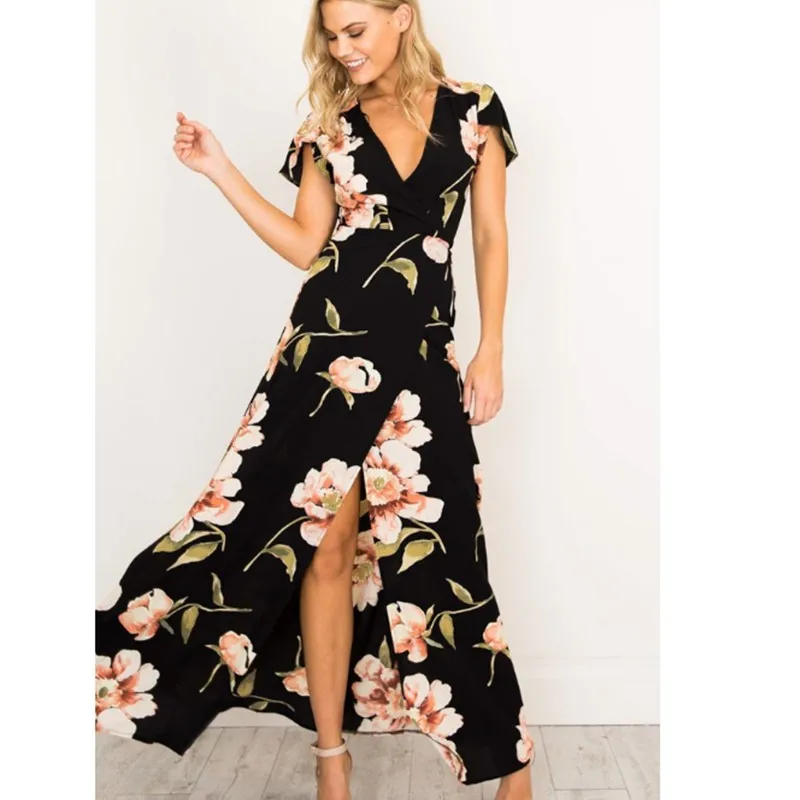 

2020 Spring And Summer New Women's Sexy Split Dress Hot Style V-neck Pullover Print Slim High Waist Long Skirt