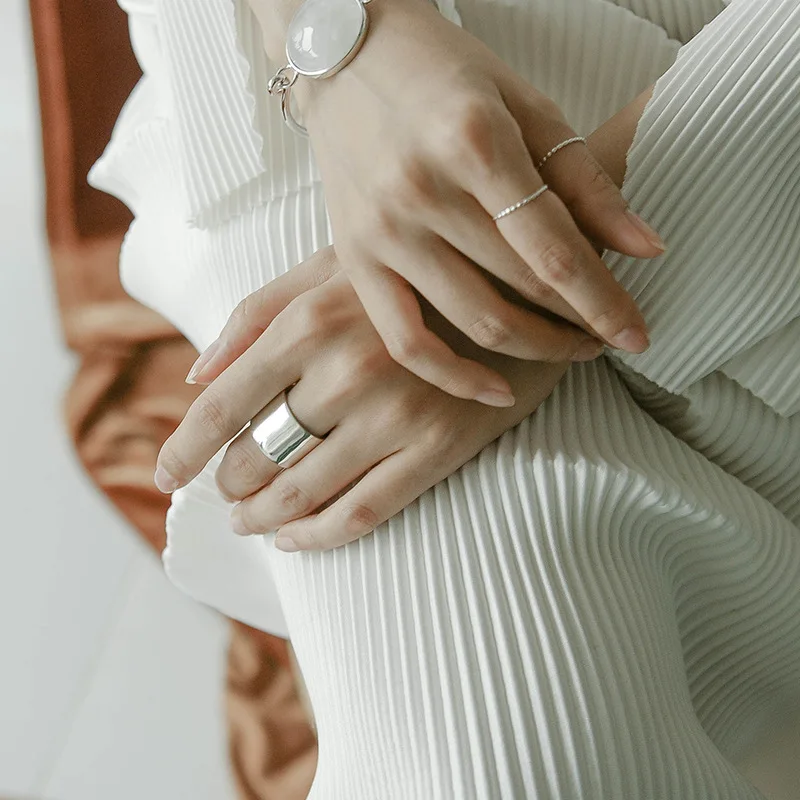 

3UMeter 2021 New Korean S925 Sterling Silver Ring Ins Personality Minimalist Smooth Open Ring Female Joker Ring Hot Sale