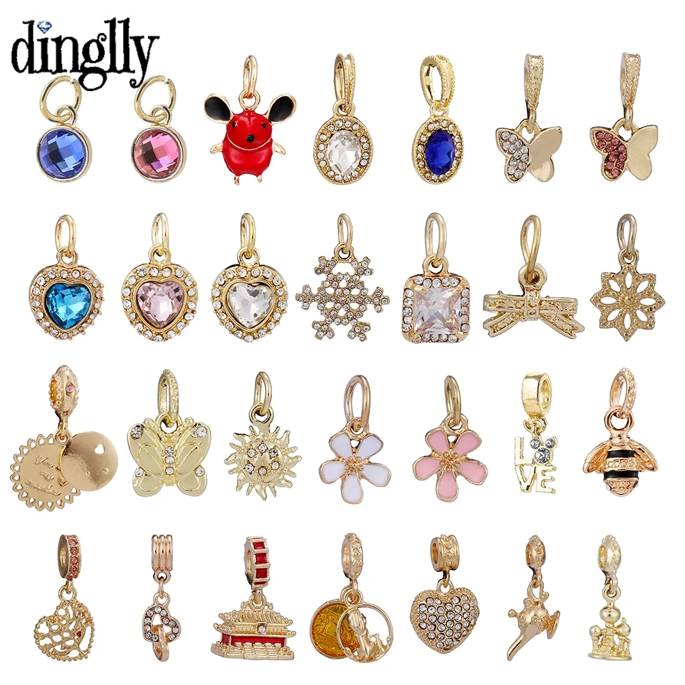 

Dinglly Golden Heart Dangle Flowers Charm Big Hole Beads Fit Diy Bracelets & Necklace Accessories Butterfly Mouse Pendant