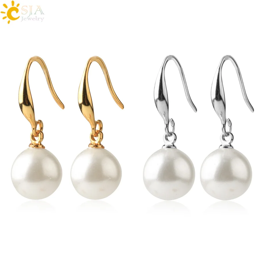 Женские серьги-подвески CSJA, круглые серьги золотистого/серебристого цвета с натуральным пресноводным жемчугом в Корейском стиле, модель S654, 2020