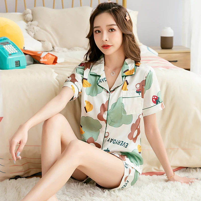 

Women's Summer Two-piece Home Suit for Summer Thin Short-sleeved Satin Silk cartoon Pajamas Women Simplie Sleepwear Pjs Set