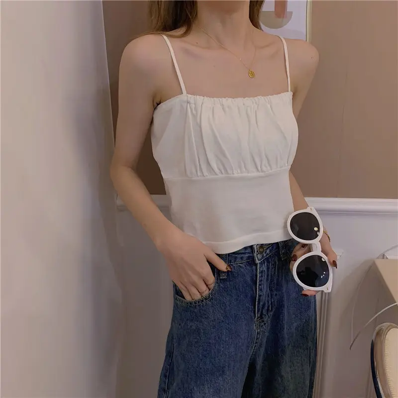 

Summer Women Sexy Solid Color Crop Top Female Casual Tank Tops Vest Sleeveless Cool Ruffled Thread Knitted Sling Top One Size