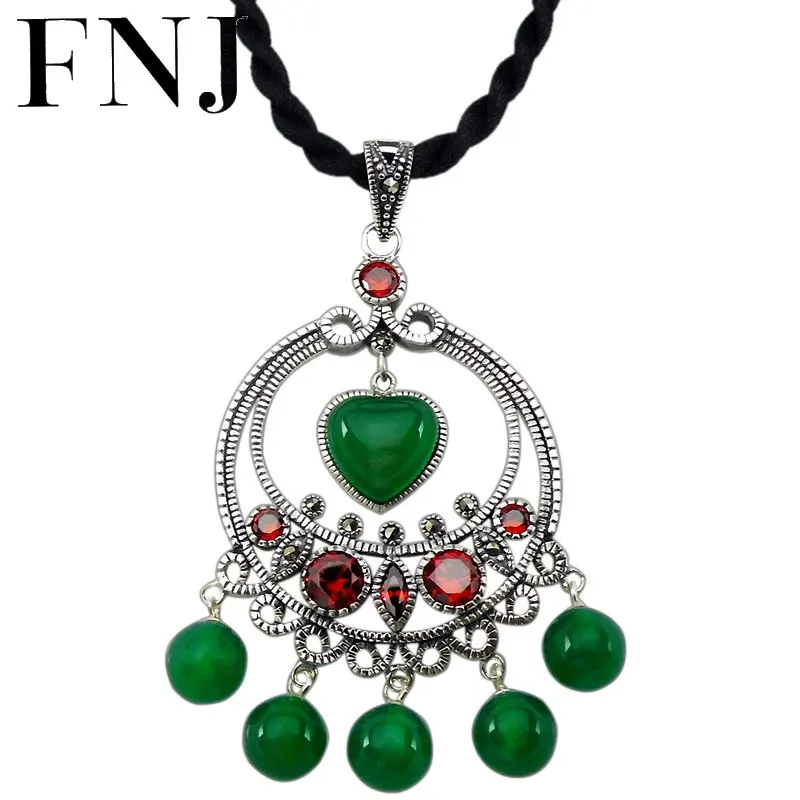 

FNJ Tassel Heart Pendant 925 Silver Green Stone Hang Statement Pure S925 Thai Silver Pendants Women for Jewelry Making