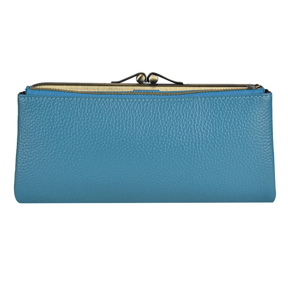 

Women Clutch Wallets Genuine Leather Long Purse Ladies Credit Card Holder Wallet with Kiss Lock Bag and Zipper Coin Pocket