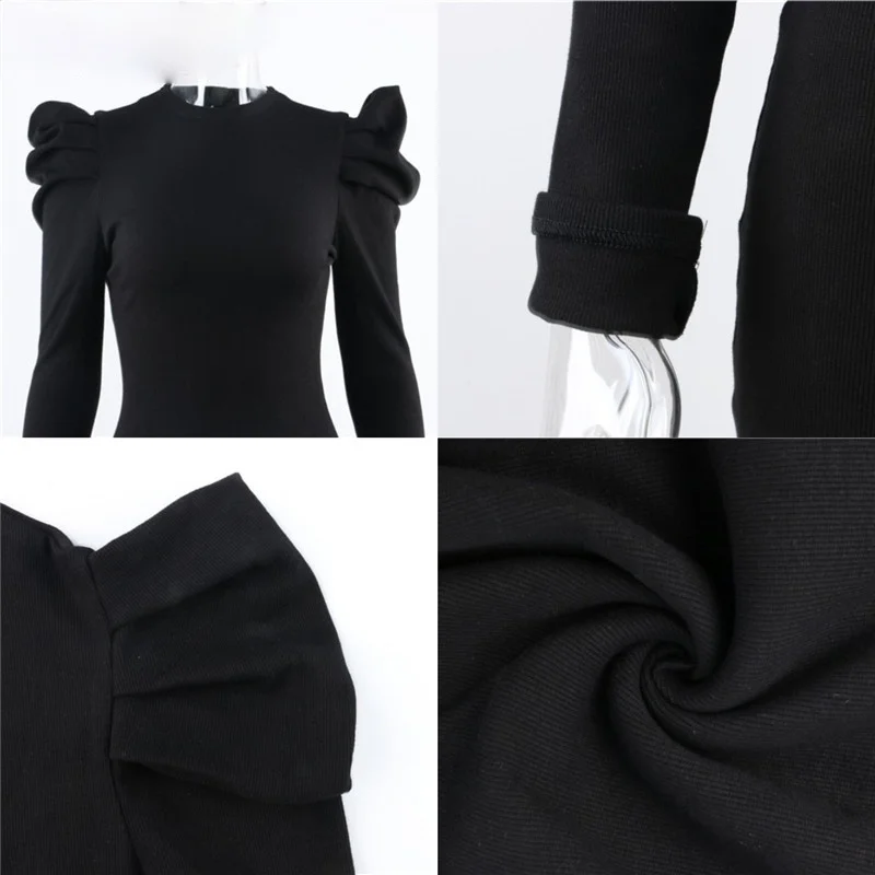 

Puff Sleeve Party Dress Women Winter Long Sleeve O Neck Mini Rib Knitted Slim Wrap Sexy Bodycon Women Dress 2021