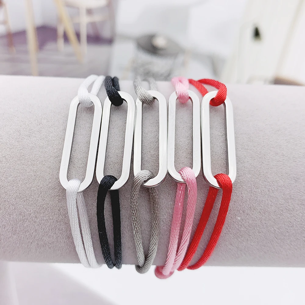 

High Quality Stainless Steel Square Bracelet For Men Women With Adjustable Red Black Rope Bracelet Europe Classic Jewelry Gift