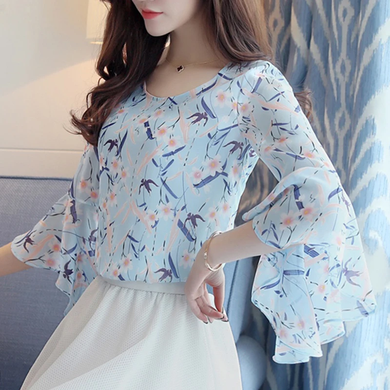 Оборками и v образным вырезом Женская рубашка с цветочным принтом Шифоновые Топы