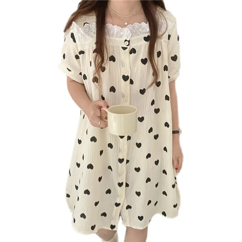 

Marple Pajamas Women Japan South Korea Summer New Skin Friendly Cotton Yarn Short Sleeve Cardigan Sweet Love Home Wear Sleepwear