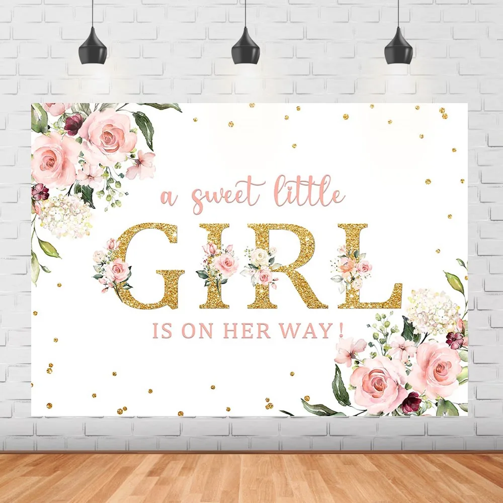 Pink Floral Baby Shower Backdrop Gold Glitter Girl Birthday Party Decoration Background Green Leaf Portrait Photography Banner |