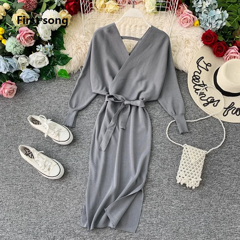 

Women's Knit Sweater Dress Wrap Top Medium Long Vestidos2019New Long Sleeve Double V-neck Split Casual Autumn Women's Dress XL
