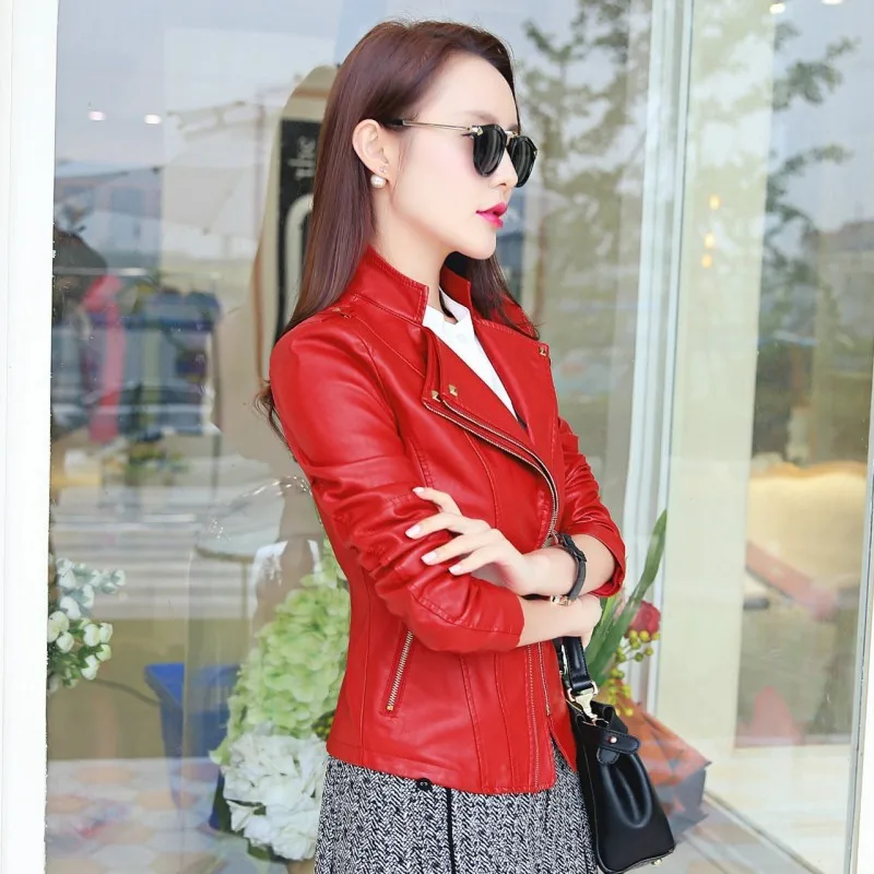 

New Autumn Ladies Short Jackets Fashion PU Leather Solid Jacket Casual Zipper Moto Outwear Streetwear Slim Coat Plus Size