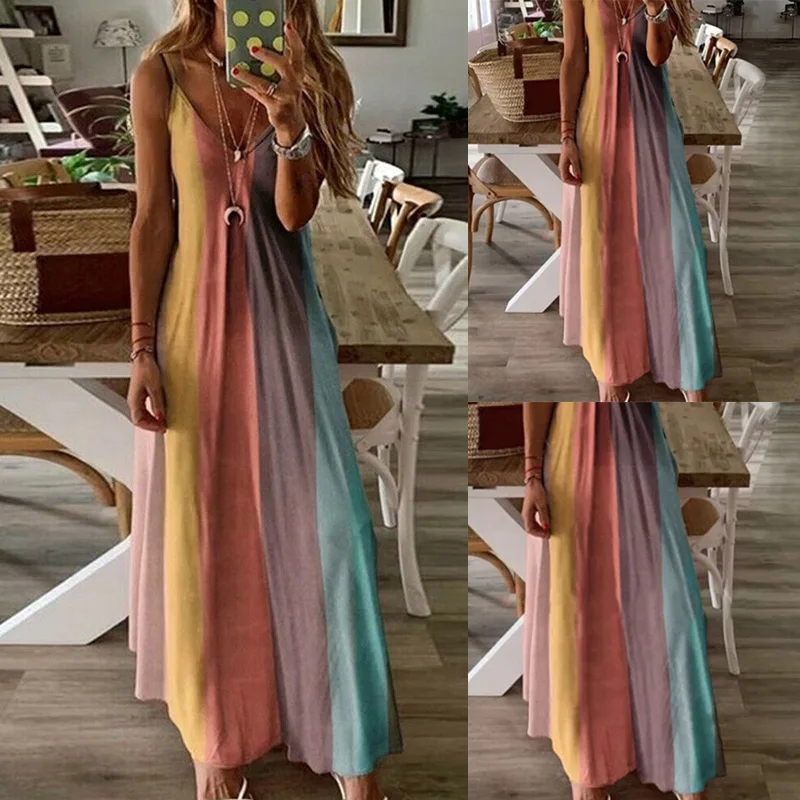 

Newest Women Rainbow Summer Long Maxi Dress Ladies Strappy Holiday Beach Sundress Dress