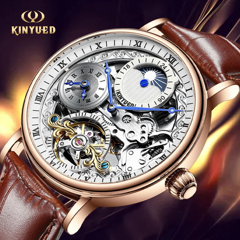 

Kinyued Business Hollow Two Time Zone Tourbillon Автоматические механические часы Водонепроницаемые мужские механические часы Светящиеся часы