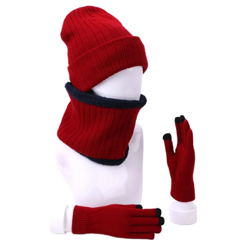 

Unisex 3Pcs Beanie Hat Infinity Circle Scarf Touchscreen Gloves Set Winter Knit Plush Lined Skull Cap Neck Warmer Mitten