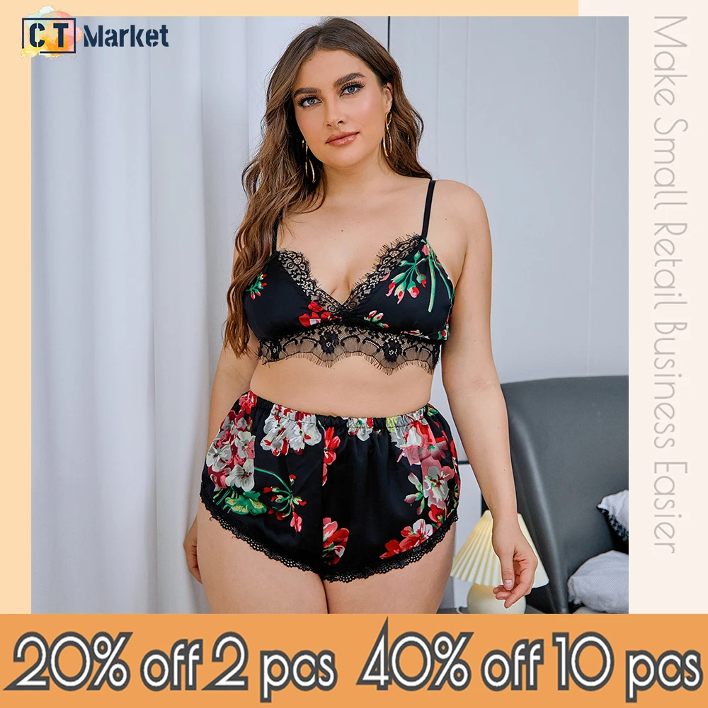 

Размера плюс Шелковый топ на бретельках с шортами, одежда для сна, пижама оптом для женщин с цветочным рисунком Домашняя одежда CT11890