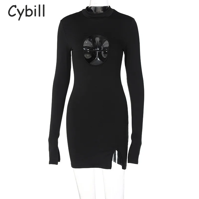 Cybill сексуальное мини-платье с длинным рукавом черное облегающее Клубное платье