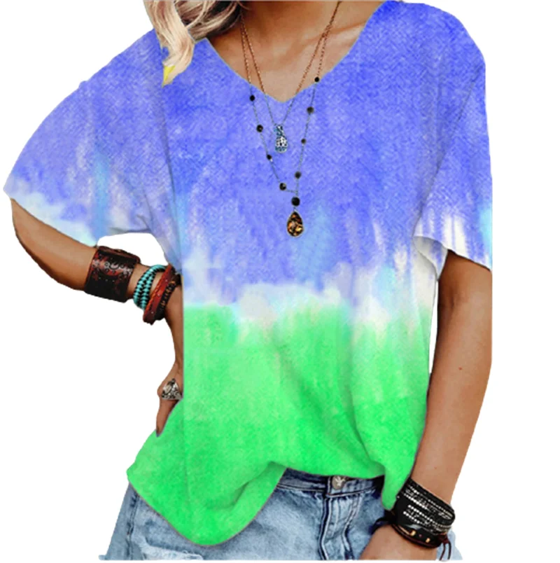 

Женская футболка с коротким рукавом, свободная повседневная футболка с объемным градиентом, в стиле High Street