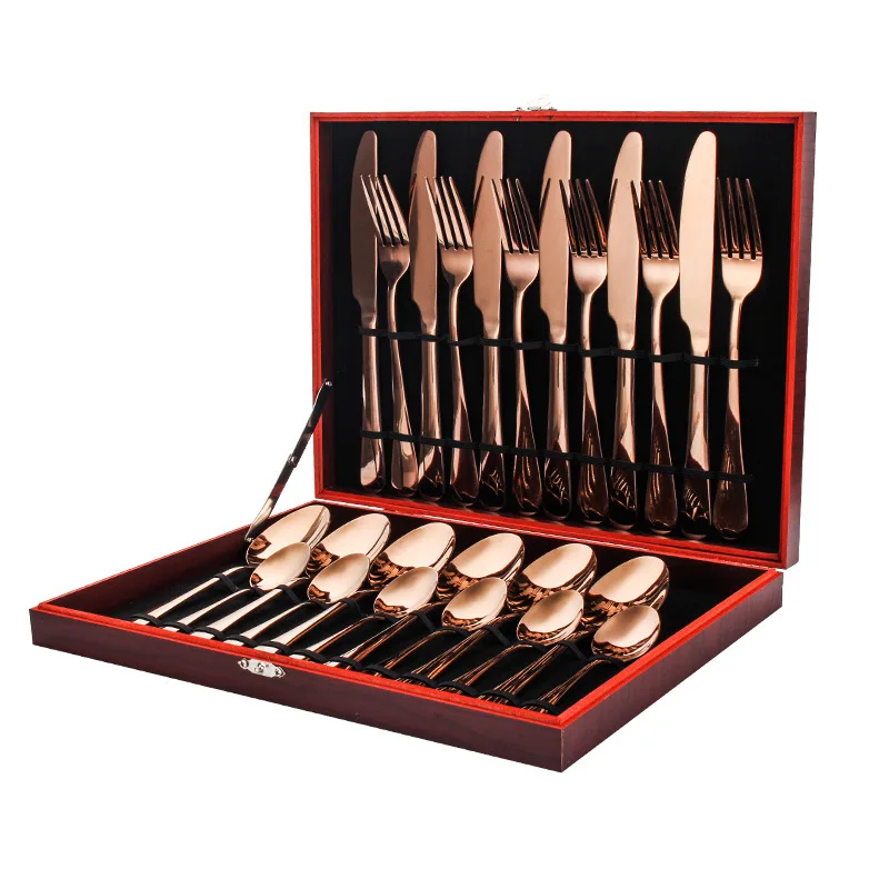 

Gold Cutlery Set Stainless Steel Spoon and Fork Set 24pcs Western Food Knive Set Wooden Box Packaging Cuchillo Tableware BE50DS