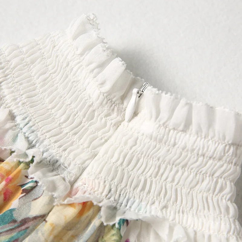 

Spring Woman Dress Elegant S-XL 2021 Flowers Printed Stand Collar Long Sleeved Elastic Waist Slim A-Line Long Dress 100% Ramie