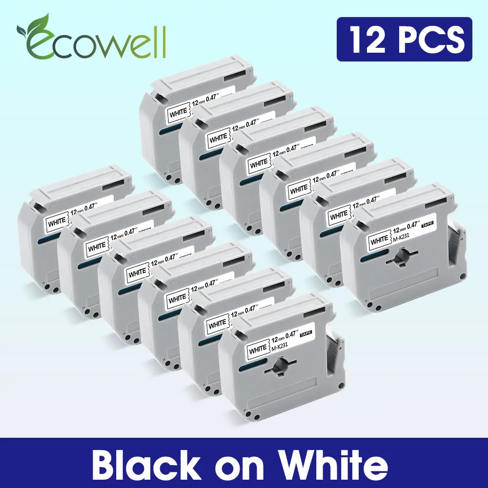 Ecowell 12PK 12mm MK231 MK-231 Tapes For Brother P-Touch MK 231 M-K231 Label Black on White for Brother PT-45M PT-65 PT-70 PT-90