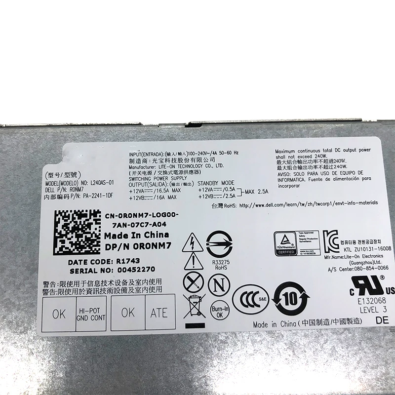 100% Оригинальный протестированный блок питания для 3050 7050 SFF 240W J61WF 22M8Y будет