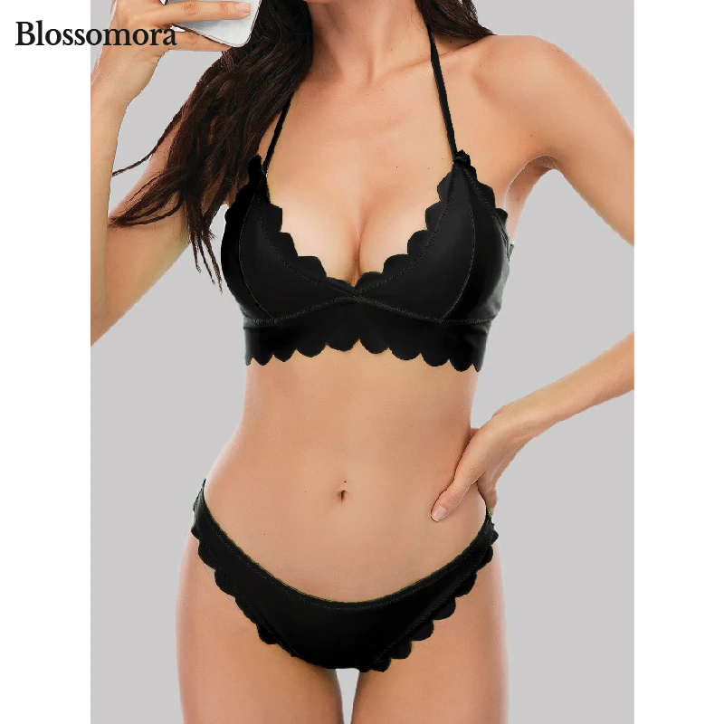 

Cupnice 2021 Stylish Women High Waist Plain Color Two Pieces Swimwear Laser Cut Flower Edge Beach Comfy Chic Bikini