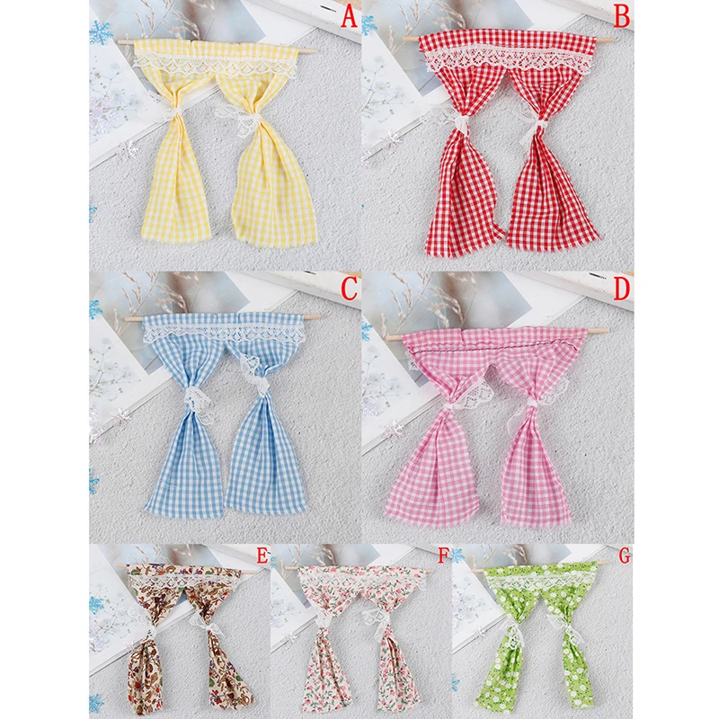 

Dollhouse Miniatures Cute Lattice and Lace Pink Cotton Curtain for 1/12 Scale Dolls House Bedroom Furniture Decor Acc 7Colors