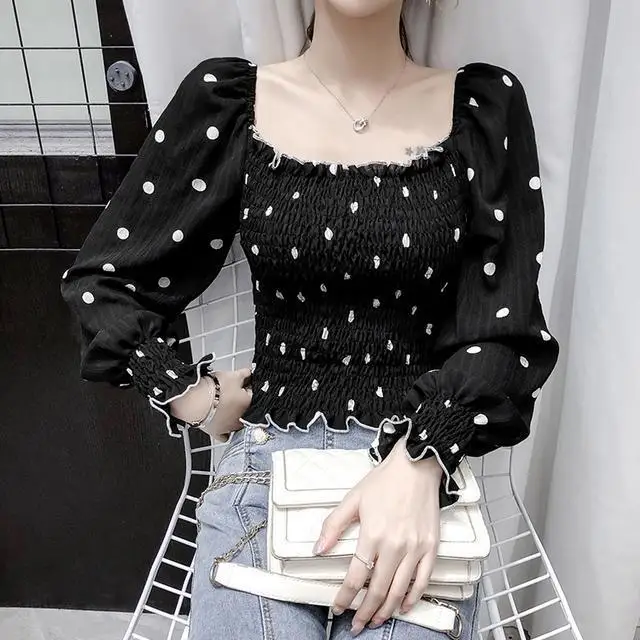

Women 2021 Spring Autumn Chic Square Collar Long Sleeve Blouse Female Slim Fit Polka Dot Print Blusas Vintage Casual Shirt A734