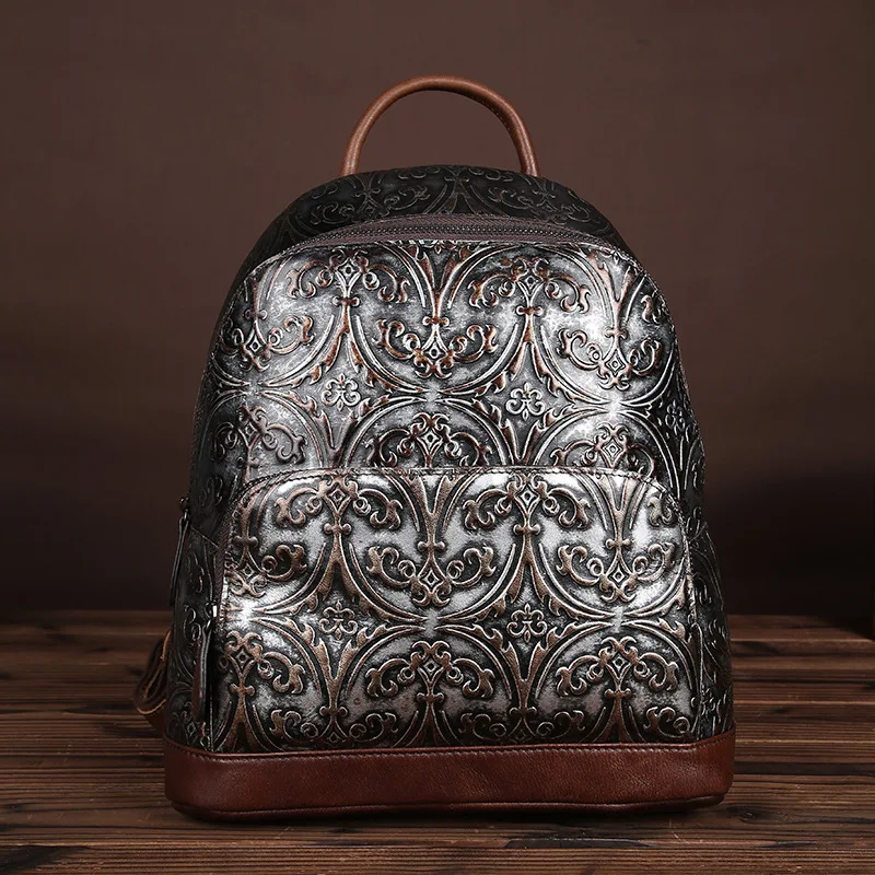

Genuine Embossed Leather Women Backpack Female School Bag Daypack Famous Brand Ladies Vintage Travel Rucksack