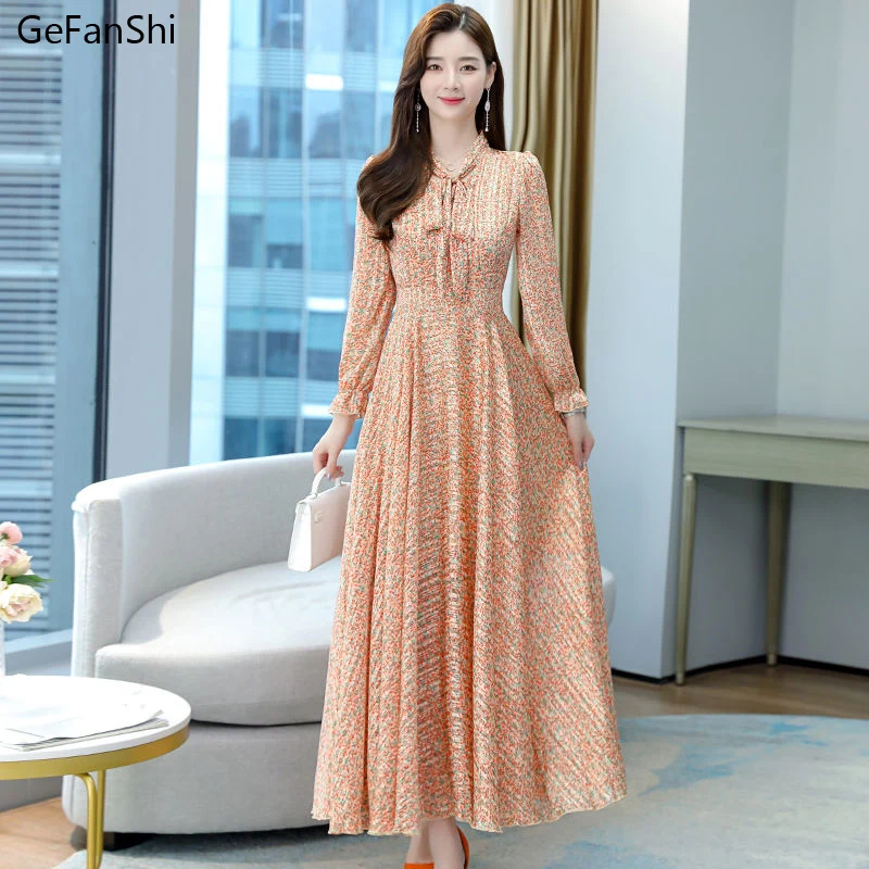 

Plus Size 2022 New Summer Autumn Vintage Women Dresses Casual Long Sleeve Chiffon Elegant Lady Dress Fashion Print Floral Dress