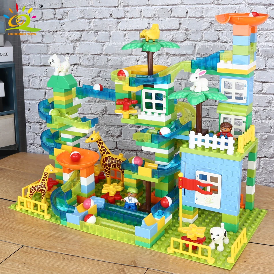 

HUIQIBAO 243CS Marble Run Race Track Slide DIY Building Blocks City Set Big Size Baseplate Funnel Bricks Educational Toys Kids
