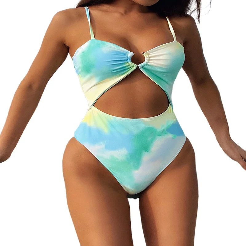 

Tiny String Swimsuit Sexy Hollow Out Green Tie Dye Swimsuits for Women New Backless Triangle Push Up Bodysuit Swimsuit One Piece