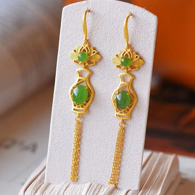 

Super Fairy Retro Style Tassel Earrings Women's Sterling Silver Gold Inlaid Hetian Jade Green Jade Earrings Long Temperament