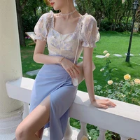 high split sexy bodycon midi robe short puff sleeve vintage sweet floral printed dress elegant evening party vestidos 2021 new
