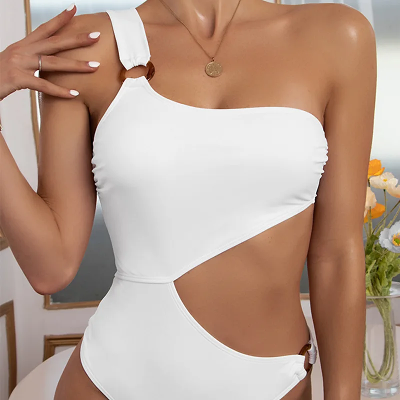 

The New 2021 Pure Color One-Piece Single Shoulder Bikini Lie Hold Padded Bra Sexy Sswimsuit Bath Biquini Straitjacket